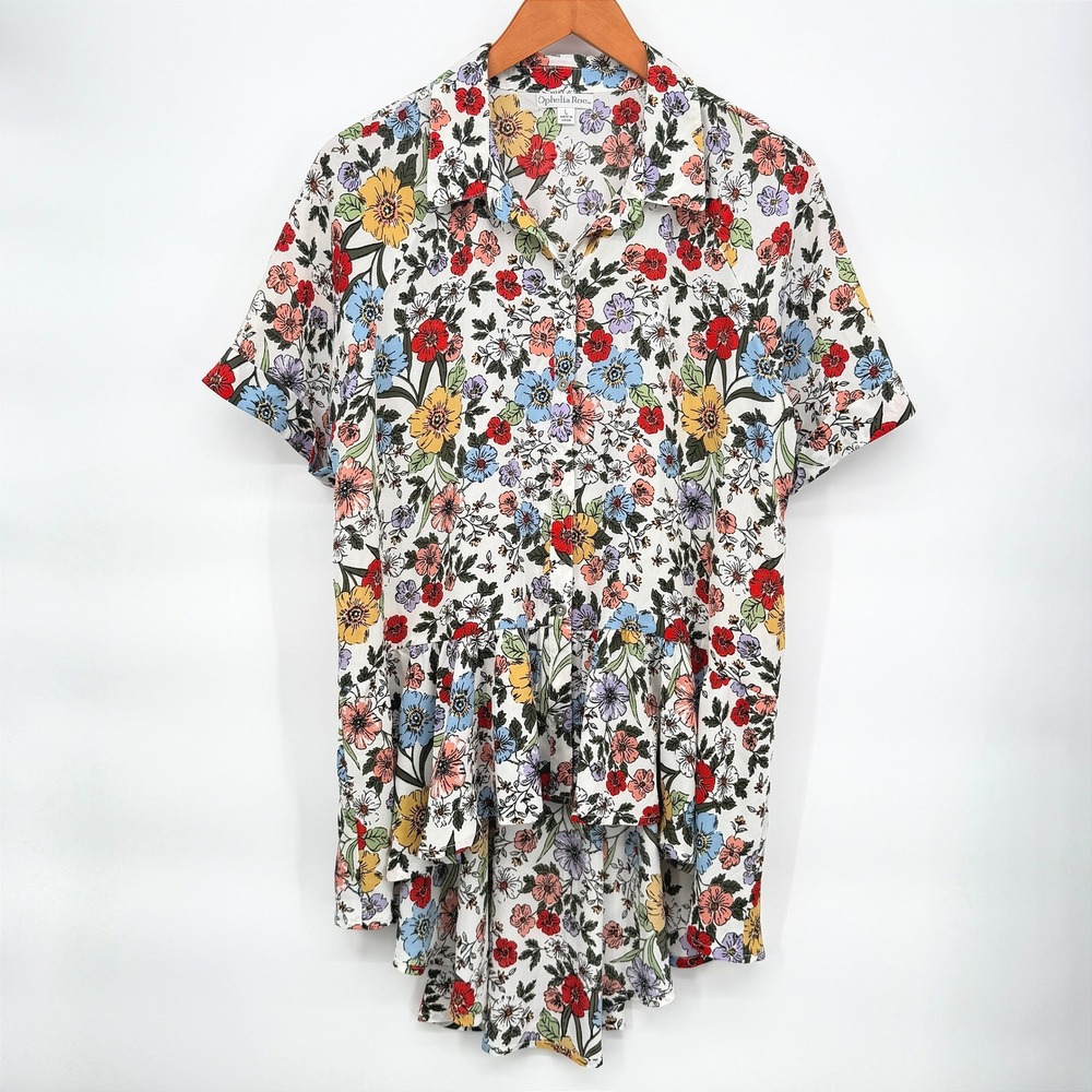 Ophelia Roe‎ Floral Button Up Peplum High Low Hem Top Boho Cottage Core Sz Large
